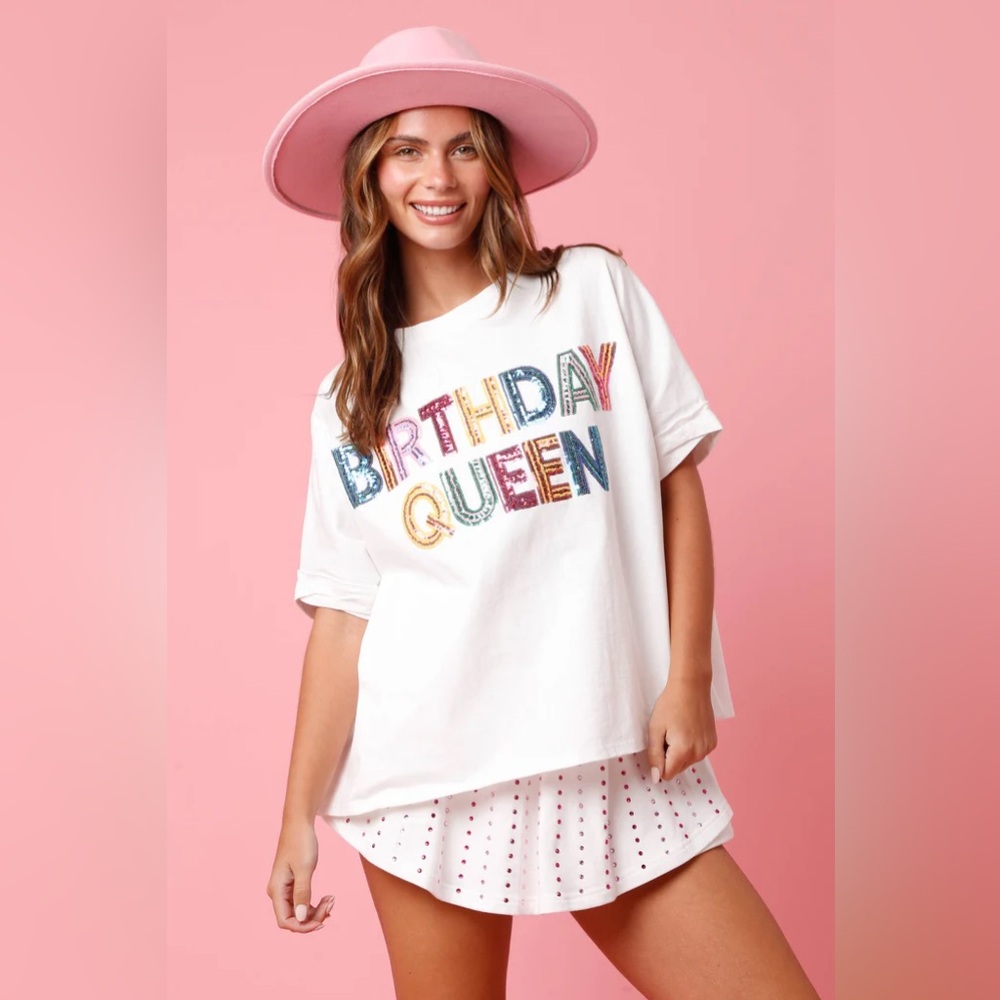 Peach Love White Sequined Birthday Queen Shirt N245
